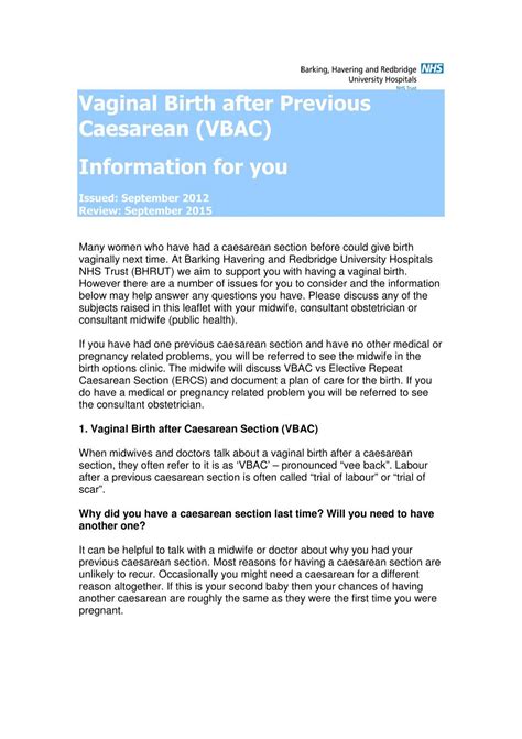 Vaginal Birth After Previous Caesarean Vbac Barking Havering