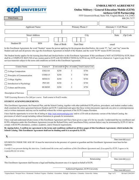 Enrollment Agreement Online Military