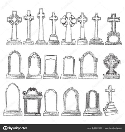 Set Of Marble Stones Christ Cross Drawings And Tombstones Symbo