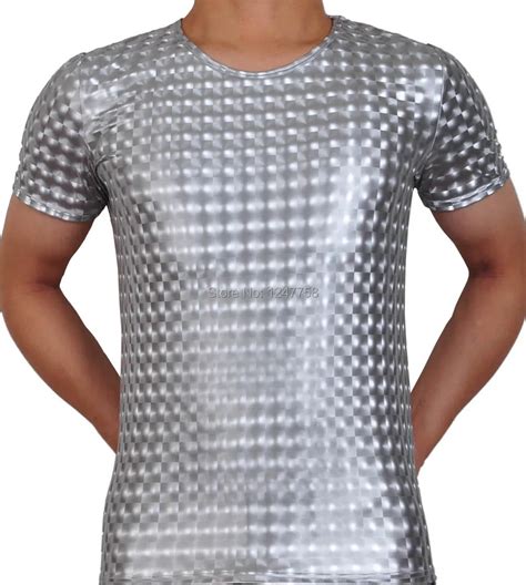 Shiny Mens 3d Pattern T Shirt Leather Like Muscle Shirt Tee Tops Faux Short Sleeves Vest Tee