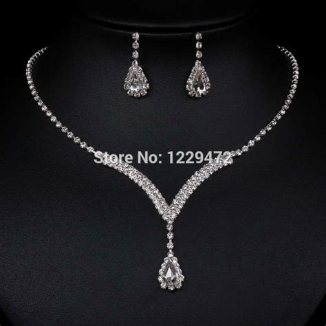 Treazy Teardrop Crystal Bridal Jewelry Sets Silver Color Rhinestone Necklace Earrings V Shaped