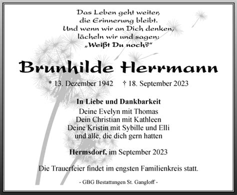 Traueranzeigen Von Brunhilde Herrmann Trauer In Thueringen De