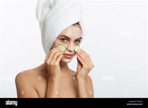 Beauty Portrait Of Smiling Woman With Towel On Head And Slice Of