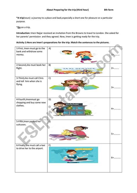 About Preparing For The Trip Third Hour Esl Worksheet By Juddy Abbott