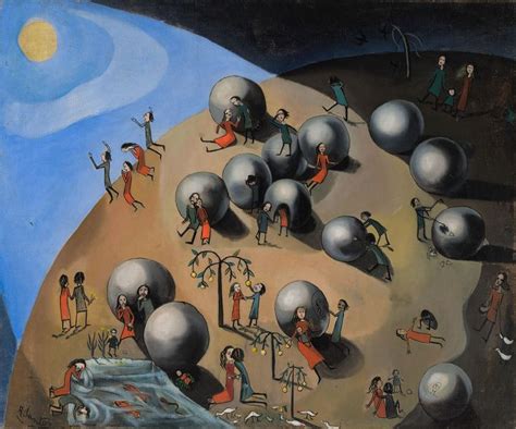 A Painting With People And Large Balls In The Air On Top Of A Hill