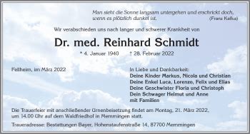 Traueranzeigen von Reinhard Schmidt Allgäuer Zeitung