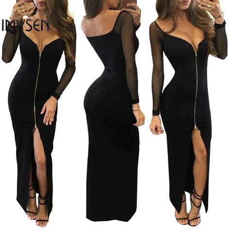 Imysen Spring Autumn Women Sexy Dress Solid Black V Neck Long Sleeve