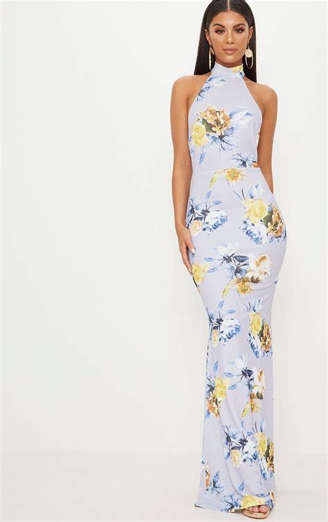 Dusty Blue Floral Print Cross Back High Neck Maxi Dress High Neck