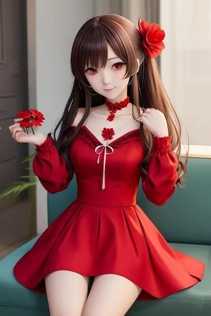 Premium AI Image | Anime girl in a Red dress with a flower