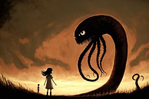 Premium Photo Girl Fighting With The Giant Monster Scifi Scene Of A