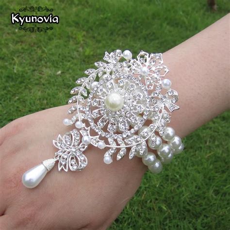 Kyunovia Prom Hand Corsage Pearl Bracelet Jeweled Crystal Bling Wedding