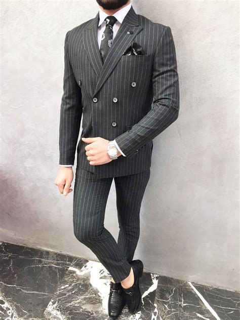 Buy Dark Gray Slim Fit Double Breasted Pinstripe Suit Bespokedailyshop