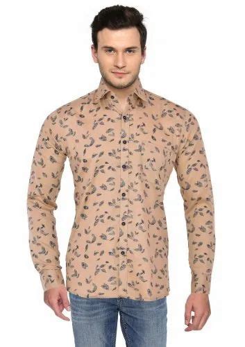 Party Wear Floral Printed Peach Men Printed Cotton Shirt Vfmw00006