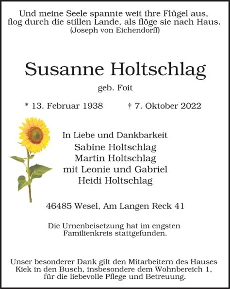 Traueranzeigen Von Susanne Holtschlag Trauer In Nrw De