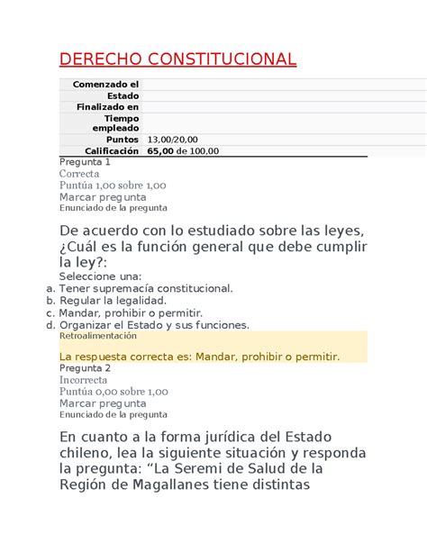 Prueba 1 Derecho Constitucional DERECHO CONSTITUCIONAL Comenzado El