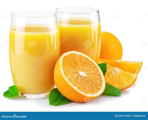 Glasses Of Fresh Orange Juice And Orange Fruits Isolated On White