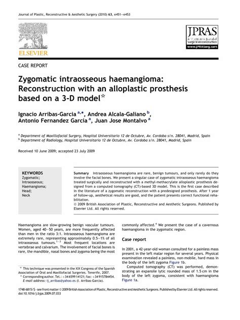 Pdf Zygomatic Intraosseous Haemangioma Reconstruction With An Alloplastic Prosthesis Based On