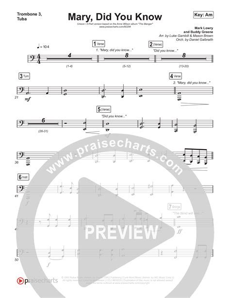 Mary Did You Know Unison Part Choir Trombone Tuba Sheet Music Pdf