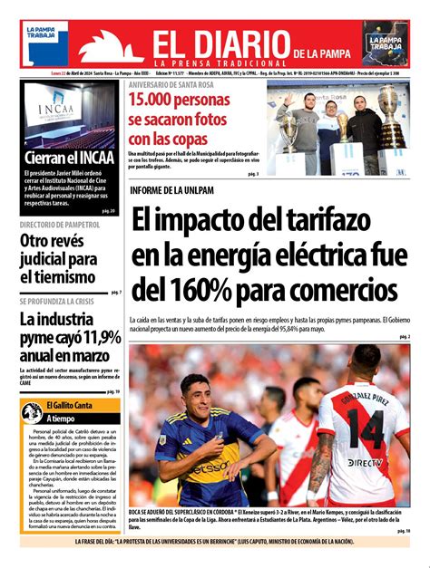 Tapa De El Diario En Papel Lunes 22 De Abril De 2024 El Diario De La