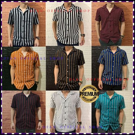 Jual Kemeja Salur Pria Stripe Lengan Pendek Cowok Slim Premium Distro