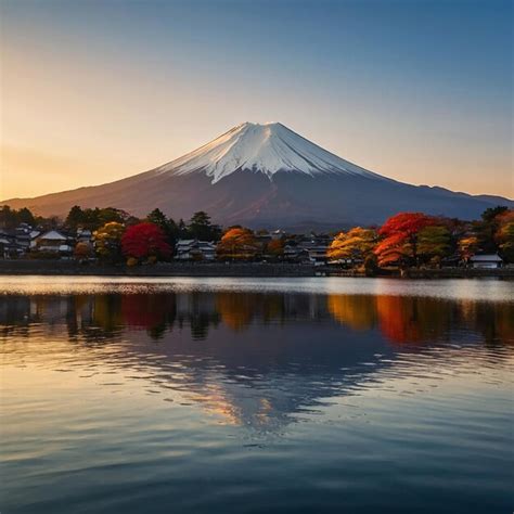 Fuji Mountain And Kawaguchiko Lake At Sunset Autum Premium Ai