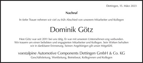 Traueranzeigen von Dominik Götz Südwest Presse Trauer