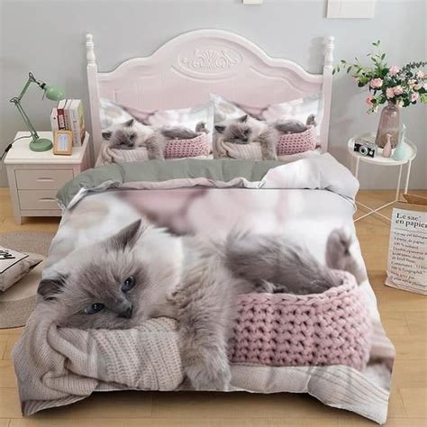 Parure De Lit 220X240 Adulte Fille Chat Rose 3D Housse De Couette