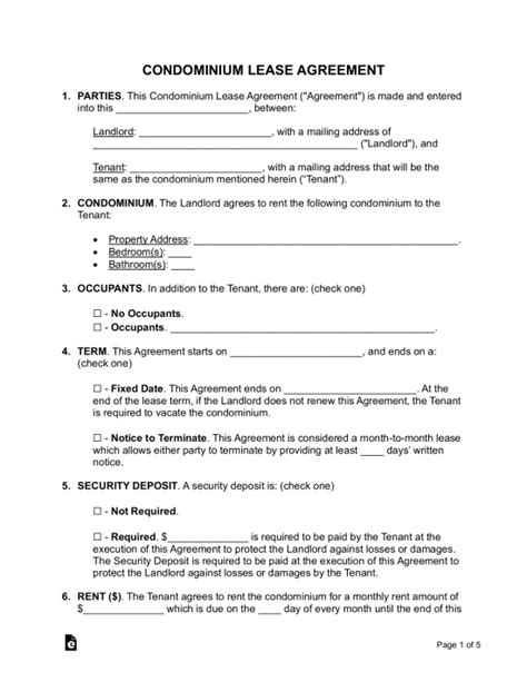 Free Condominium Condo Lease Agreement Template Pdf Word Eforms