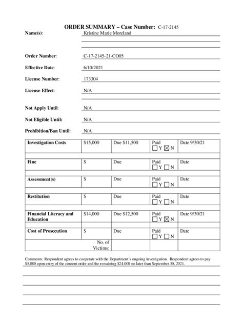 Fillable Online Dfi Wa ORDER SUMMARY Case Number C 17 2145 Fax Email