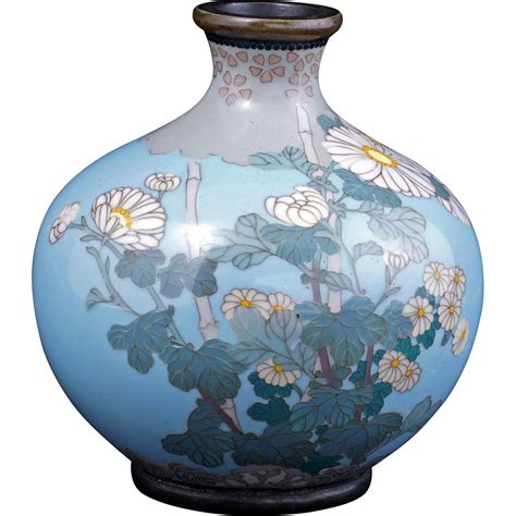 Japanese Light Blue Cloisonné Vase With Chrysanthemum Design Meiji From