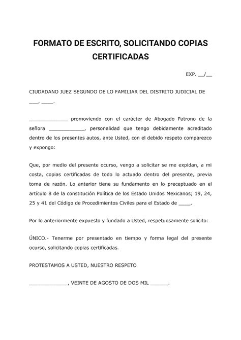 Formato De Escrito Solicitando Copias Certificadas Formato De