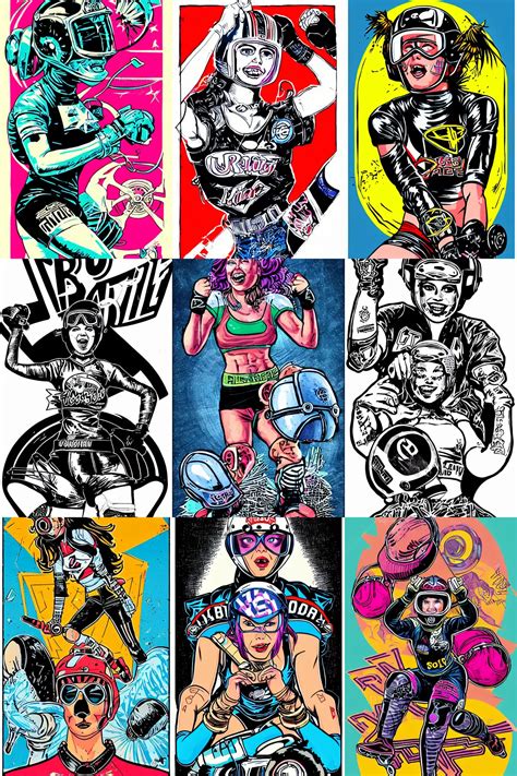 Roller Derby Girl Portrait Logo Wearing Helmet Stable Diffusion