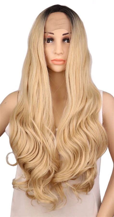 Qqxcaiw Women Glueless Long Wavy Lace Front Wig Black Root Ombre Blond 70 Cm Synthetic Heat