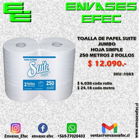 Toalla De Papel Suite Jumbo Hoja Simple 250 Metros 2 Rollos Envases Efec