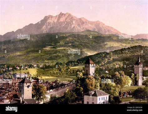 Lucerne, Musegg Wall and Pilatus, Lucerne, Switzerland 1890 Stock Photo ...