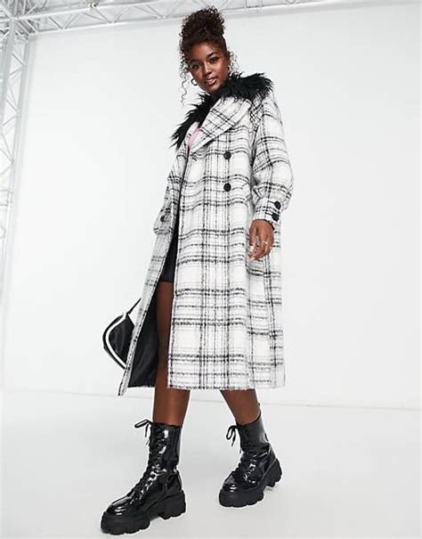 Miss Selfridge Check Mongolian Faux Fur Collar Long Coat In Mono Asos