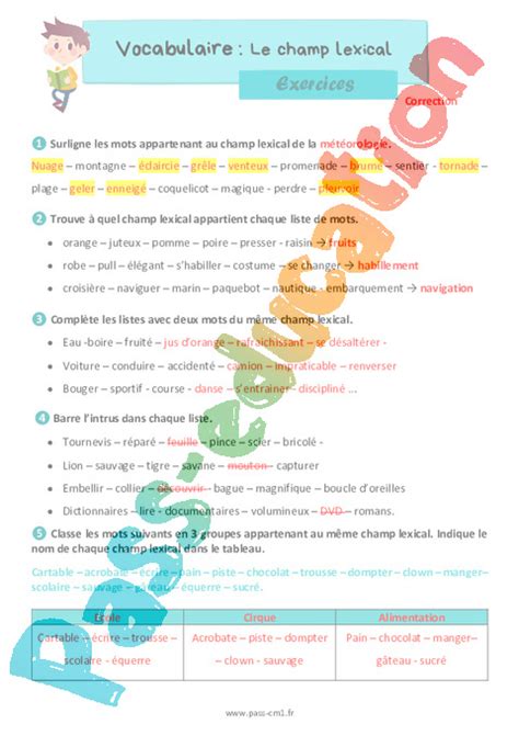 Le champ lexical Exercices de vocabulaire pour le cm1 PDF à imprimer