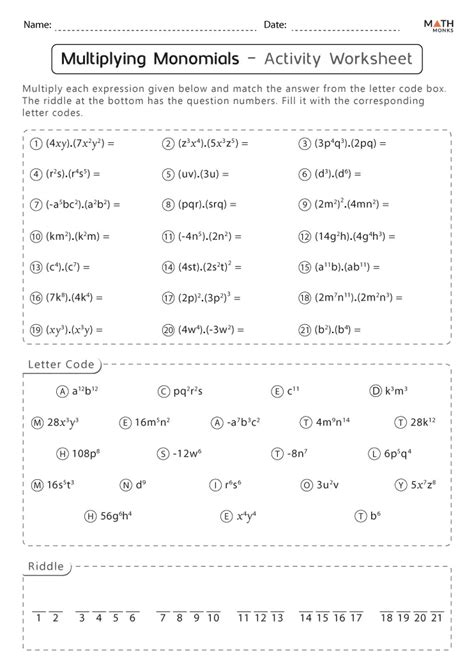 Multiplying Monomials Worksheets Math Monks