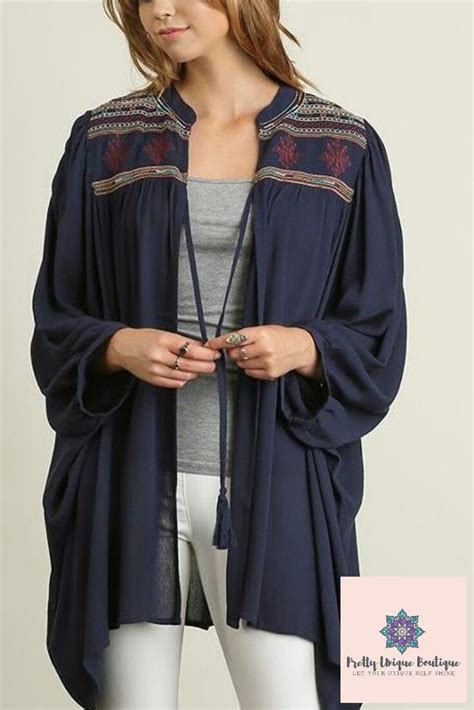 Navy Embroidered Cardigan Boho Chic Style