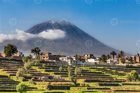 Dormant Misti Volcano Over The Fields And Houses Of Peruvian City Of