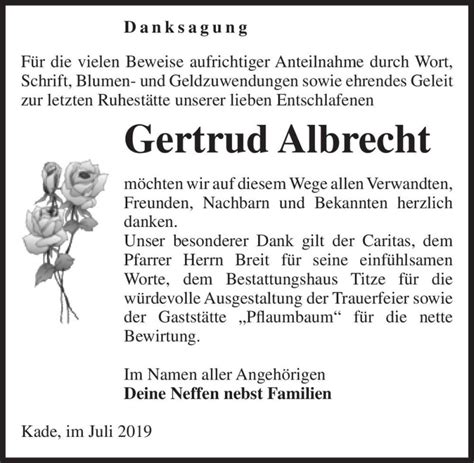 Traueranzeigen Von Gertrud Albrecht Abschied Nehmen De