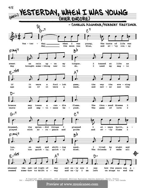 Yesterday When I Was Young by C. Aznavour - sheet music on MusicaNeo