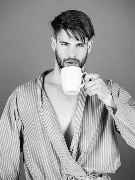 Bearded Man Drinking Cup Of Tea Or Coffee In Robe Stock Image Image