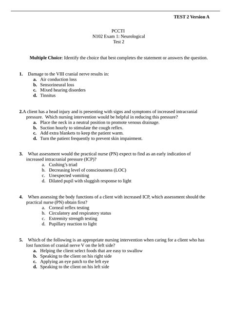 PCCTI N102 Exam 1 Neurological Test 2 Nursing Stuvia US