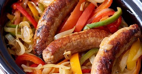 Slow Cooker Sausages With Peppers And Onions Recipe Yummly Recipe