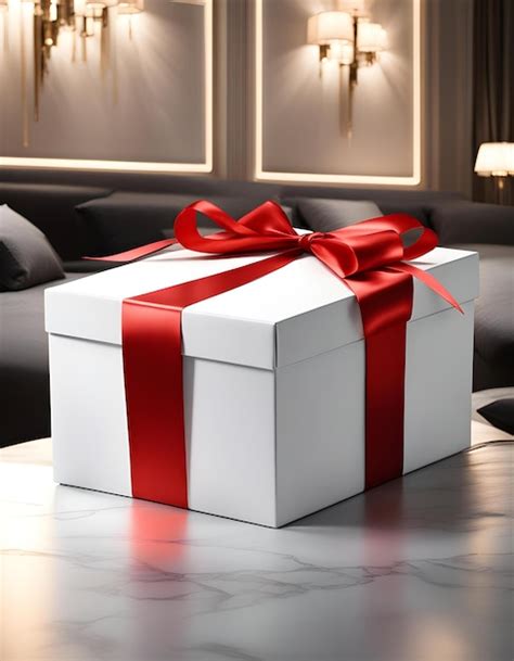 Premium Photo A White Box With A Red Ribbon Tied Around It Is On A Table