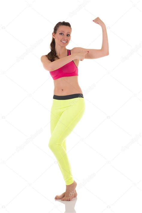 Sexy Happy Brunette Woman Shows Biceps Muscles Stock Photo Anatmar