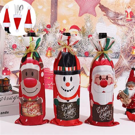 3pcs Santa Claus Christmas Drawstring Red Wine Bottle Cover Bags 6pcs Mini