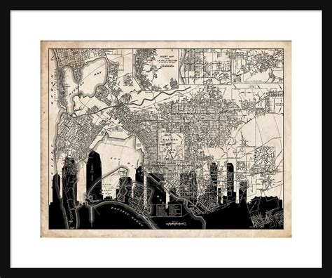 San Diego Map San Diego Skyline Print Poster Vintage Etsy