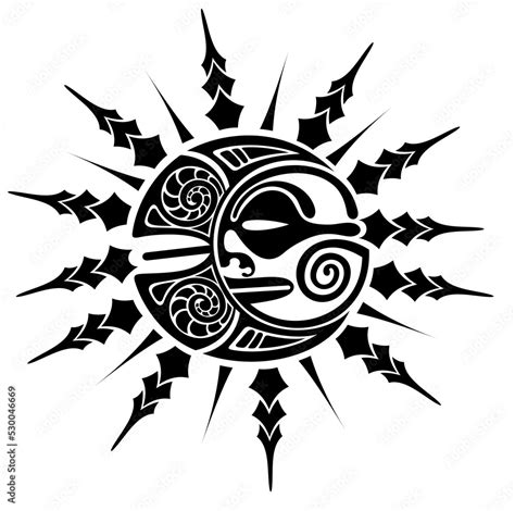 Sun and moon maori style tattoo sketch. Round tribal ornament.. Vector ...